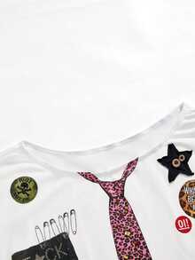 ROMWE Street Life Street Collage Print 3D Bow Button Design Asymmetric Shoulder Raw Hem Short Loose Fit Sweatshirt - White - View 8