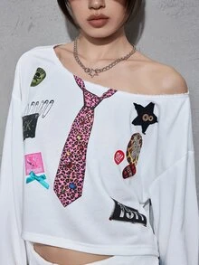 ROMWE Street Life Street Collage Print 3D Bow Button Design Asymmetric Shoulder Raw Hem Short Loose Fit Sweatshirt - White - View 2