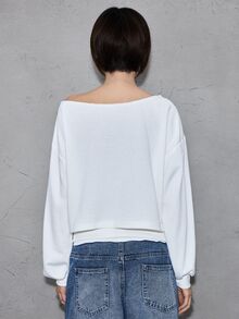 ROMWE Street Life Street Collage Print 3D Bow Button Design Asymmetric Shoulder Raw Hem Short Loose Fit Sweatshirt - White - View 6