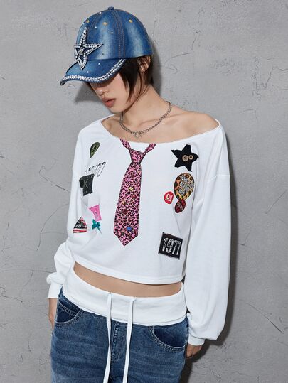Street Life Street Collage Print 3D Bow Button Design Asymmetric Shoulder Raw Hem Short Loose Fit Sweatshirt