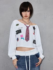 ROMWE Street Life Street Collage Print 3D Bow Button Design Asymmetric Shoulder Raw Hem Short Loose Fit Sweatshirt - White - View 5