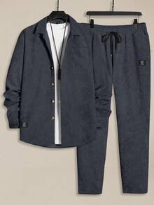 EASEVO Plus Size Men's Vintage Front Button Corduroy Shirt And Pants Set, Autumn Outfit, Cozy Outfits Halloween Christmas Winter Party Autumn - Navy Blue - View 1