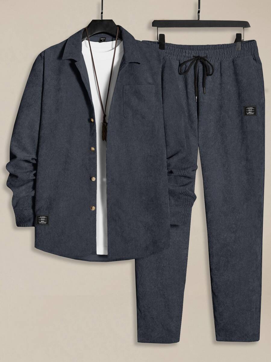 EASEVO Plus Size Men's Vintage Front Button Corduroy Shirt And Pants Set, Autumn Outfit, Cozy Outfits Halloween Christmas Winter Party Autumn - Navy Blue - View 1
