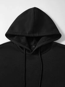 Driftmere 男士純色落肩長袖抽繩口袋休閒連帽衫，秋冬返校季 - 煤炭黑色 - 查看 6