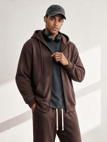 Driftmere 2pcs Spring/Autumn Men's Graphic Print Workout Outfit, Comfortable Breathable Activewear Regular Fit Set - Coffee Brown - View 1