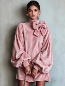 Omancia Fall Winter Retro Women's Pink High Neck Lantern Sleeve Bow Loose Mini Dress Thanksgiving Christmas Brunch Holiday - Pink - View 1