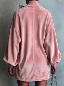 Omancia Fall Winter Retro Women's Pink High Neck Lantern Sleeve Bow Loose Mini Dress Thanksgiving Christmas Brunch Holiday - Pink - View 2