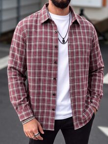 Manfinity CasualCool 男士酒紅格紋翻領長袖襯衫，梭織寬鬆版型，復古休閒街頭風，週末約會出遊襯衫 - 紅色 - 查看 1