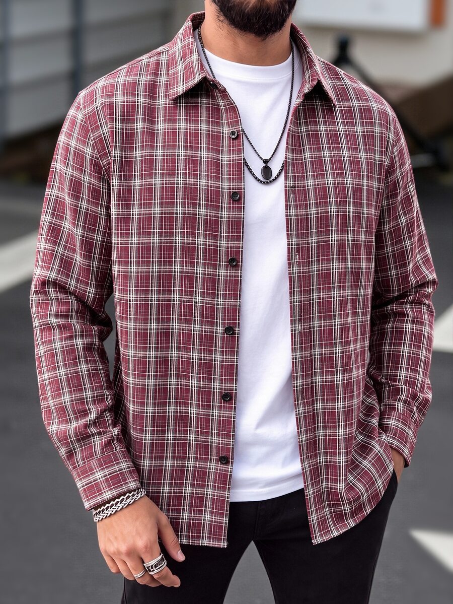 Manfinity CasualCool 男士酒紅格紋翻領長袖襯衫，梭織寬鬆版型，復古休閒街頭風，週末約會出遊襯衫 - 紅色 - 查看 1
