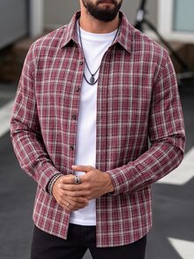 Manfinity CasualCool 男士酒紅格紋翻領長袖襯衫，梭織寬鬆版型，復古休閒街頭風，週末約會出遊襯衫 - 紅色 - 查看 6
