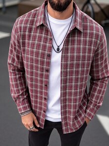 Manfinity CasualCool 男士酒紅格紋翻領長袖襯衫，梭織寬鬆版型，復古休閒街頭風，週末約會出遊襯衫 - 紅色 - 查看 4