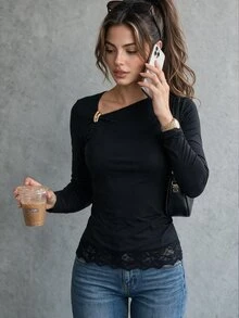 SHEIN Women's Metal Decor Lace Patchwork Long Sleeve T-Shirt Night Out Black Fall Sexy - Black - View 1