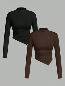 SHEIN SXY 2pcs/Set Asymmetrical Hem Mock Neck Long Sleeve T-Shirt, Black & Brown,Fall - Brown - View 5