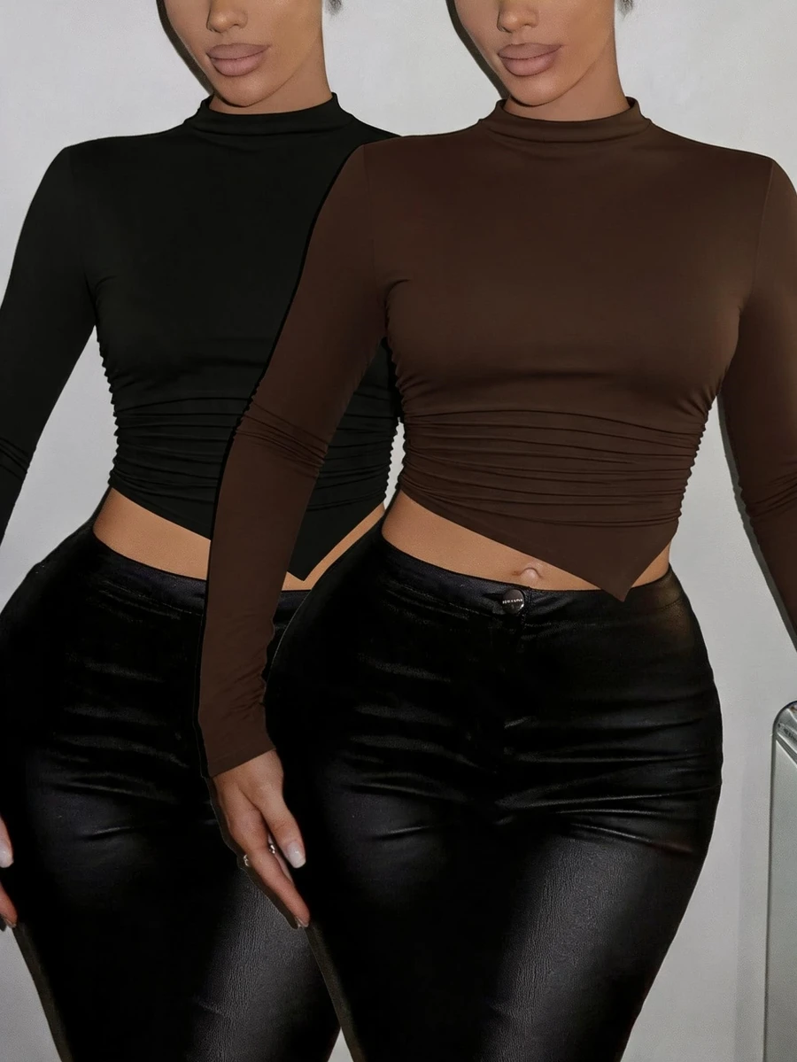 SHEIN SXY 2pcs/Set Asymmetrical Hem Mock Neck Long Sleeve T-Shirt, Black & Brown,Fall - Brown - View 1