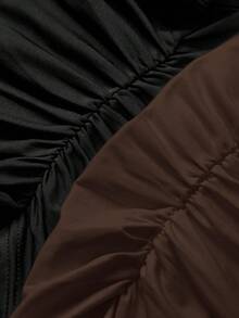 SHEIN SXY 2pcs/Set Asymmetrical Hem Mock Neck Long Sleeve T-Shirt, Black & Brown,Fall - Brown - View 3