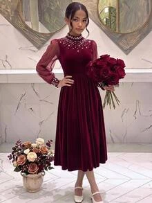 SHEIN Tween Girl Autumn/Winter Mesh Jacquard Velvet Beaded Simple Casual Party Holiday Christmas Velvet Dress - Burgundy - View 5