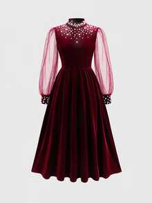 SHEIN Tween Girl Autumn/Winter Mesh Jacquard Velvet Beaded Simple Casual Party Holiday Christmas Velvet Dress - Burgundy - View 6