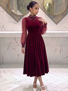 SHEIN Tween Girl Autumn/Winter Mesh Jacquard Velvet Beaded Simple Casual Party Holiday Christmas Velvet Dress - Burgundy - View 3