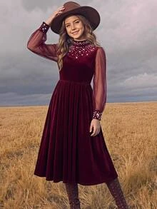 SHEIN Tween Girl Autumn/Winter Mesh Jacquard Velvet Beaded Simple Casual Party Holiday Christmas Velvet Dress - Burgundy - View 8