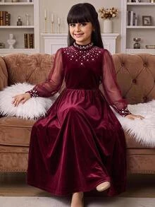 SHEIN Tween Girl Autumn/Winter Mesh Jacquard Velvet Beaded Simple Casual Party Holiday Christmas Velvet Dress - Burgundy - View 4