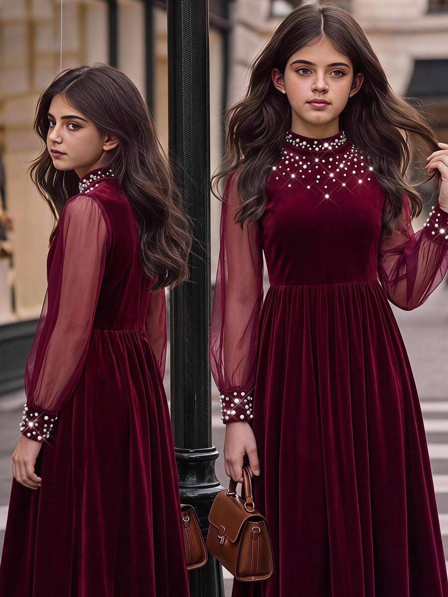 SHEIN Tween Girl Autumn/Winter Mesh Jacquard Velvet Beaded Simple Casual Party Holiday Christmas Velvet Dress - Burgundy - View 1