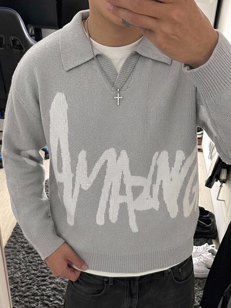 NEOSTRIT Men's Letter Print Long Sleeve Casual Loose Fit Sweater - Grey - View 1