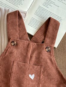 SHEIN Baby Girl Heart Embroidery Corduroy Overalls Set, Infant Baby Flutter Sleeve Long Sleeve T-Shirt 2 Pieces Set, Solid Color Ribbed Top Versatile Sweet 2 Pieces Set, Autumn New Arrival - Brown - View 3