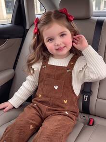SHEIN Baby Girl Heart Embroidery Corduroy Overalls Set, Infant Baby Flutter Sleeve Long Sleeve T-Shirt 2 Pieces Set, Solid Color Ribbed Top Versatile Sweet 2 Pieces Set, Autumn New Arrival - Brown - View 5