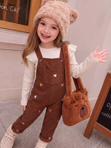 SHEIN Baby Girl Heart Embroidery Corduroy Overalls Set, Infant Baby Flutter Sleeve Long Sleeve T-Shirt 2 Pieces Set, Solid Color Ribbed Top Versatile Sweet 2 Pieces Set, Autumn New Arrival - Brown - View 7
