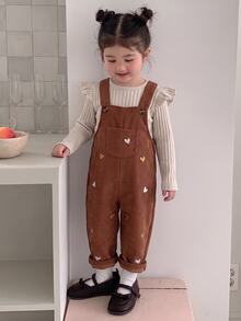 SHEIN Baby Girl Heart Embroidery Corduroy Overalls Set, Infant Baby Flutter Sleeve Long Sleeve T-Shirt 2 Pieces Set, Solid Color Ribbed Top Versatile Sweet 2 Pieces Set, Autumn New Arrival - Brown - View 6