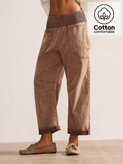 Bohemela Fall Vacations, Women's Casual Boho Vintage Woven Plaid Print Women's Long Pants, Daily Wear Vacation, Country Concert Taupe Picnic