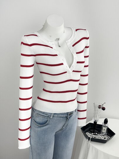 Elamini Women's Autumn/Winter Lazy Fashion Sexy Minimalist Casual Daily Photo Commute Striped Slim Fit Sweater