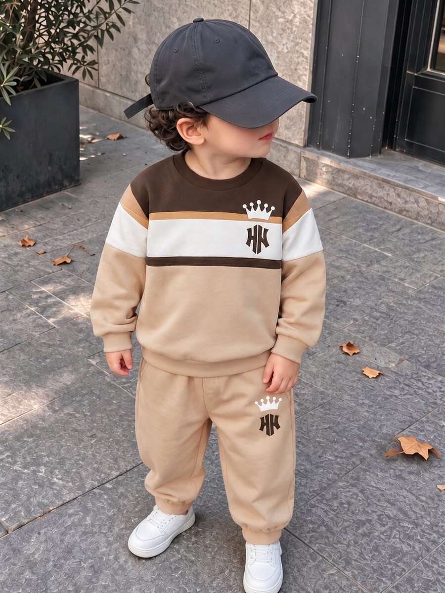 幼兒粉色皇冠 NY 字母印花抓絨圓領運動衫,拼色條紋設計,運動牛仔戶外休閒,秋冬生日穿搭 - 彩色 - 查看 1