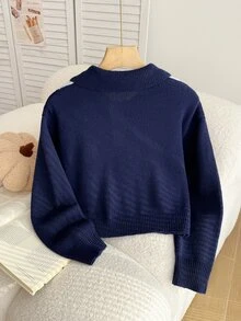SHEIN Tween Girl Y2K Diamond Check Long Sleeve Polo Collar Casual Sweater - Navy Blue - View 2
