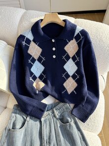 SHEIN Tween Girl Y2K Diamond Check Long Sleeve Polo Collar Casual Sweater - Navy Blue - View 1