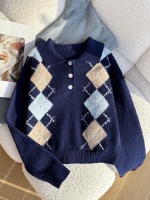 SHEIN Tween Girl Y2K Diamond Check Long Sleeve Polo Collar Casual Sweater - Navy Blue - View 5