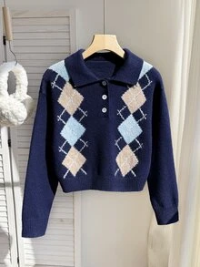 SHEIN Tween Girl Y2K Diamond Check Long Sleeve Polo Collar Casual Sweater - Navy Blue - View 3