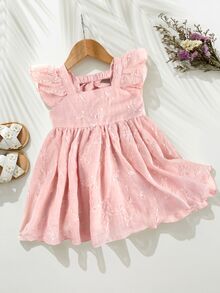 Cozy Pixies Baby Girl Floral Pattern Chiffon Round Neck Short Sleeve Waist-Cinching Dress - Baby Pink - View 10
