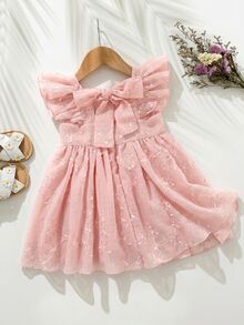 Cozy Pixies Baby Girl Floral Pattern Chiffon Round Neck Short Sleeve Waist-Cinching Dress - Baby Pink - View 7