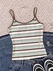 Tween Girls Casual Cute Kids Minimalist Spaghetti Strap Fitted Striped Pattern Summer Top Back-To-School - White - View 1