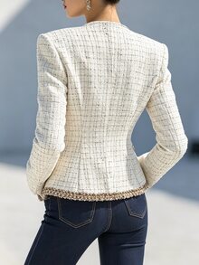 SHEIN Light Luxury Elegant Decorative Buckle Lace Trim Tweed Jacket, Business Casual - Multicolor - View 2
