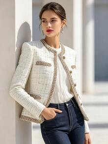 SHEIN Light Luxury Elegant Decorative Buckle Lace Trim Tweed Jacket, Business Casual - Multicolor - View 6