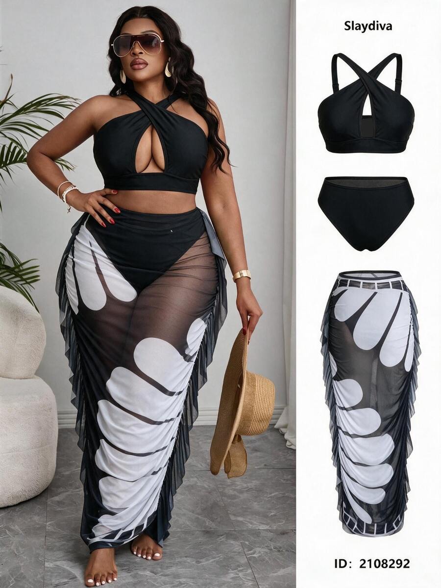 Slaydiva Bộ đồ bơi size lớn gợi cảm gồm áo tank top hở cut-out, quần bikini tam giác và chân váy họa tiết thực vật - Đen và trắng - Xem 1