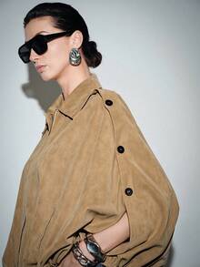 Lumivelle Maillard Style Suede Lapel Cape Coat For Women - Khaki - View 5