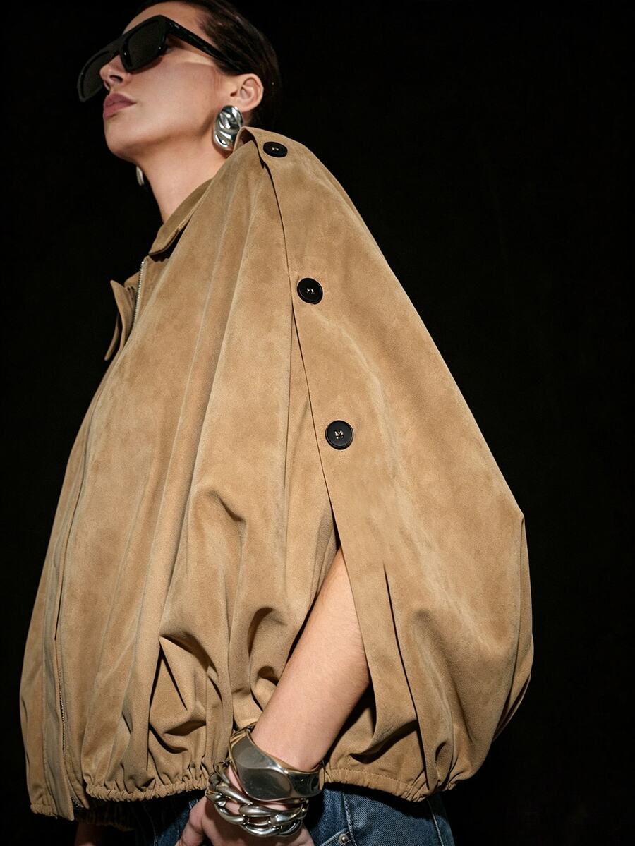 Lumivelle Maillard Style Suede Lapel Cape Coat For Women