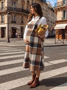 SHEIN 格子休閒套裝日常拍照家庭度假夏季孕婦吊帶洋裝 感恩節 白色 - 咖啡棕 - 查看 9