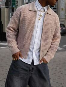 NEOSTRIT Men's Solid Color Drop Shoulder Long Sleeve Zip-Up Knit Cardigan Vacation Beige Fall Casual Vintage - Apricot - View 5
