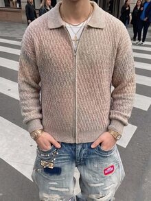 NEOSTRIT Men's Solid Color Drop Shoulder Long Sleeve Zip-Up Knit Cardigan Vacation Beige Fall Casual Vintage - Apricot - View 3