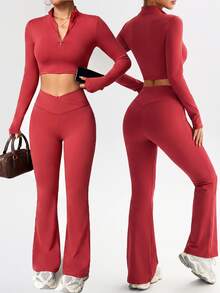 SHEIN Sports Women's Solid Color Long Sleeve Half-Zip T-Shirt And Leggings Sports Set - Red Violet - View 1