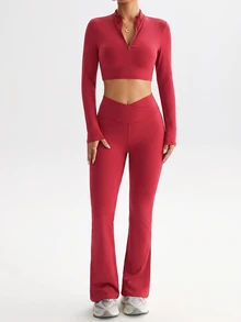 SHEIN Sports Women's Solid Color Long Sleeve Half-Zip T-Shirt And Leggings Sports Set - Red Violet - View 6